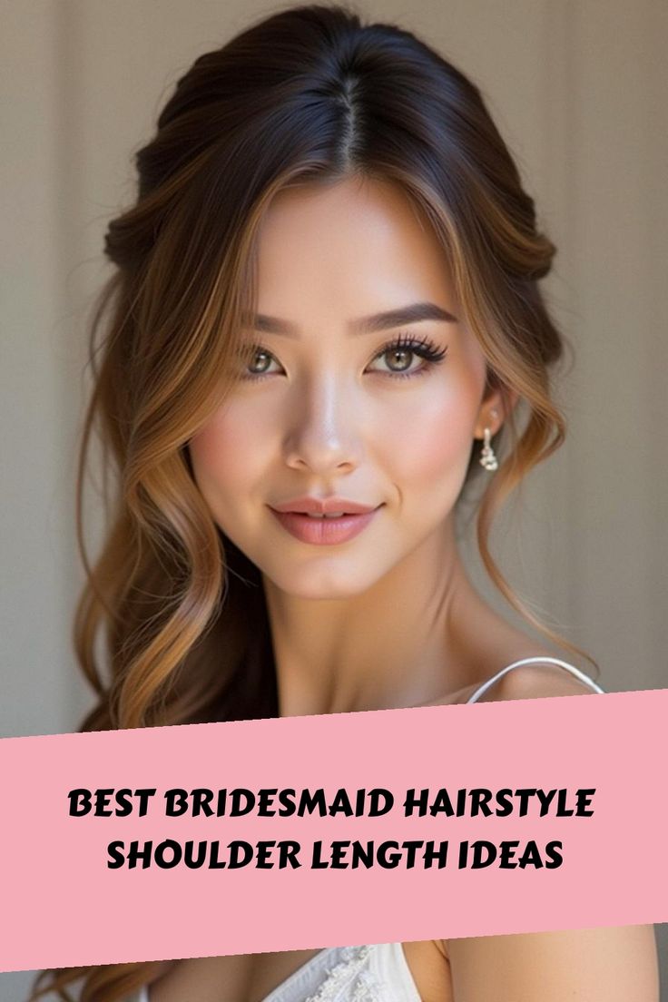 Best Bridesmaid Hairstyle Shoulder Length Ideas Prom Hairstyle Shoulder Length, Over Shoulder Hairstyles, Hair Styles For Medium Length Bridesmaid, Fast Elegant Hairstyles, Wedding Hairstyles Medium Hair Half Up, Fancy Side Hairstyles, Wavy Styles For Medium Hair, Half Up Dos For Bridesmaids, Hair Due For Wedding Guest