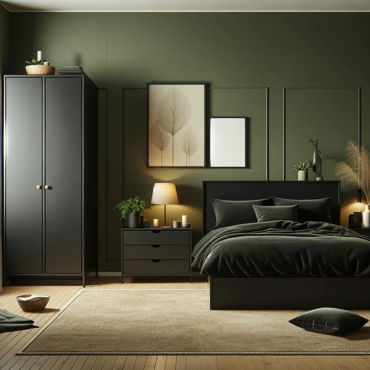 a bedroom with dark green walls and black bedding, two lamps on either side of the bed