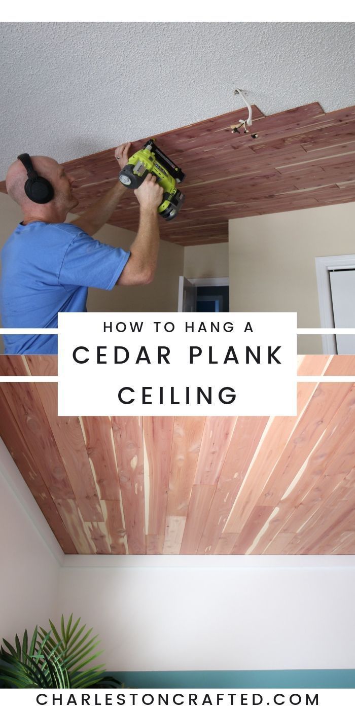 a man using a power tool to install cedar plank ceiling