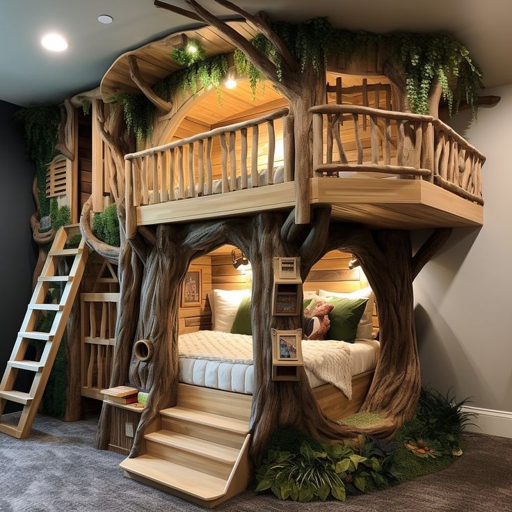 a bedroom with a tree house bed and stairs