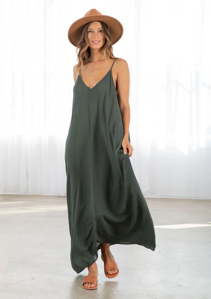 Dark Green Colored Tank Top style Maxi Dress. With pockets attached Chic Summer Maxi V-neck Dress, Chic V-neck Spaghetti Strap Beach Dress, Flowy V-neck Sleeveless Sundress, Chic Spaghetti Strap V-neck Beach Dress, Solid Sleeveless Maxi Dress For Date Night, Casual Flowy V-neck Sundress, Flowy V-neck Midi Dress For Loungewear, Spring V-neck Maxi Dress For Date Night, Unlined V-neck Maxi Dress For Beach