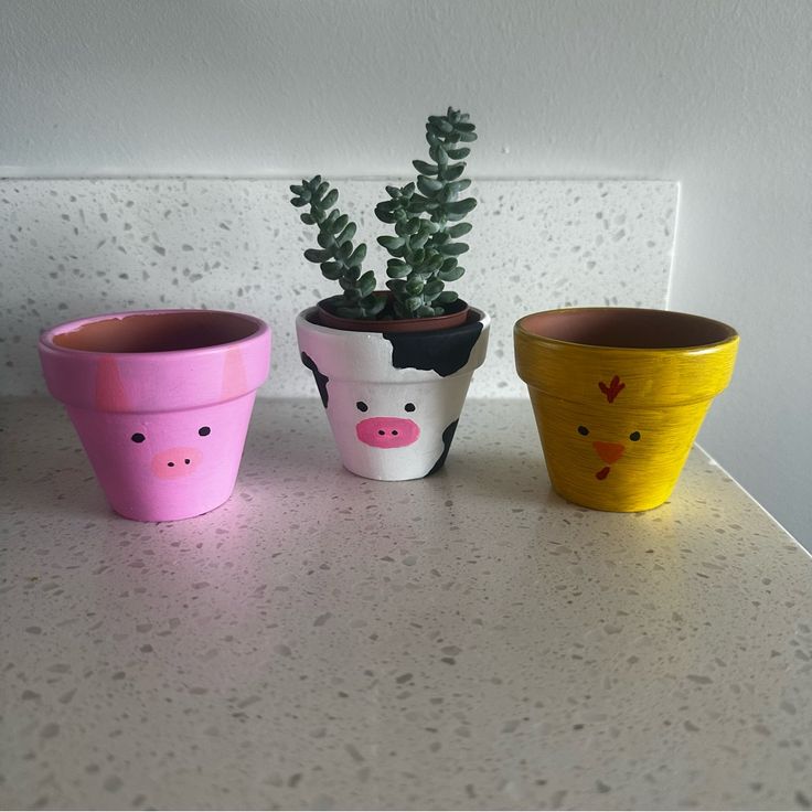 three potted plants with faces painted on them