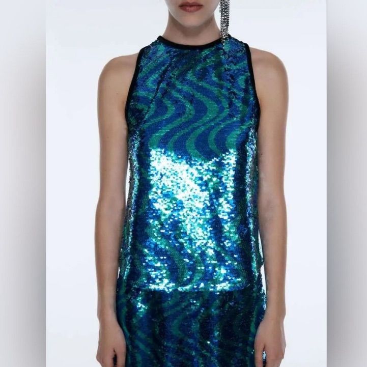 Never Worn Sequin Blue Swirly Print Sleeveless Tank Top Corset Crop Top, Retro Print, Party Tops, Boho Blouses, Retro Prints, Striped Linen, Sleeveless Tank Top, Green Fashion, Dot Dress