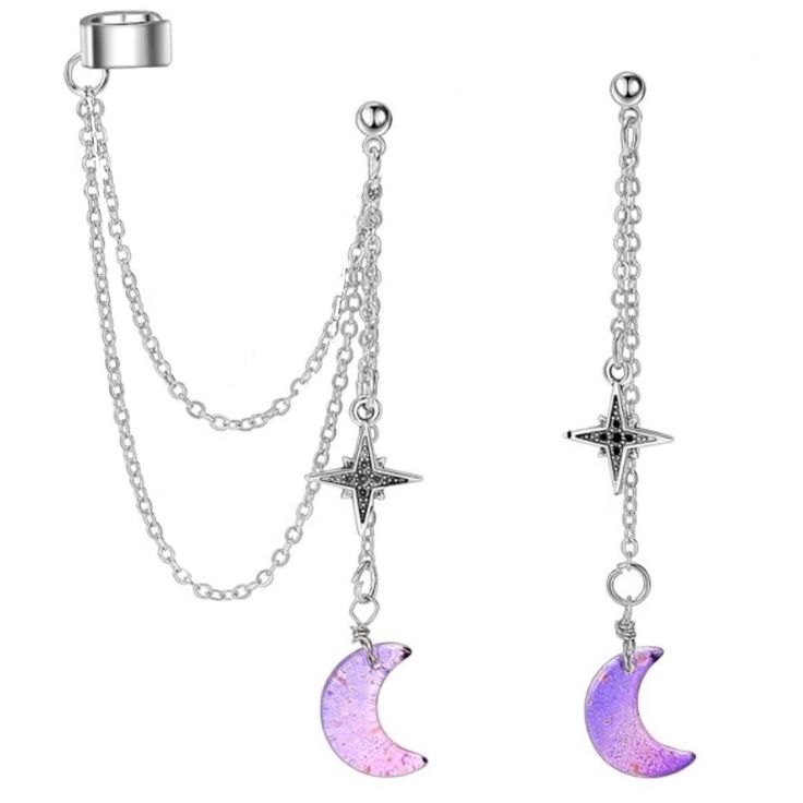 “Ombre Moon” Pink & Purple Gold Flakes Flecks Crescent Marcasite Star Celestial Galaxy Universe Astronomy Astrology Sky Cosmos Dripping Looped Chains Asymmetrical Mismatched Ear Cuff Silver Stainless Steel Stud Post Dangle Earrings. Wonderful Pink & Purple Ombre Crescent Moons With Sparkly Gold Fleck Inclusions & 8 Point Marcasite Encrusted Stars Dangle From Their Individual Tiered Chains Attached To A Silver Ball Post. One Earring Is Asymmetrical With 2 Looped Dangling Chains Attached To An Ear Black And Purple Earrings, Magic Accessories Jewelry, Star Core Outfits, Moon Inspired Outfits, Celestial Accessories, Galaxy Clothing, Moon Clothes, Moon And Star Jewelry, Purple Fashion Outfit