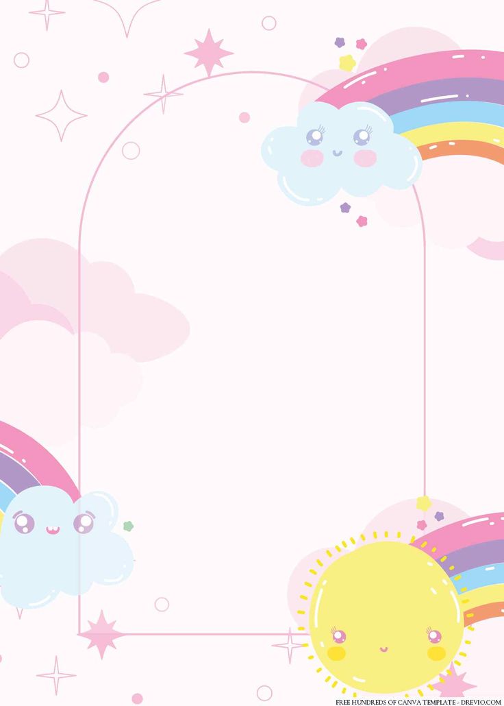 a pink background with rainbows, clouds and stars