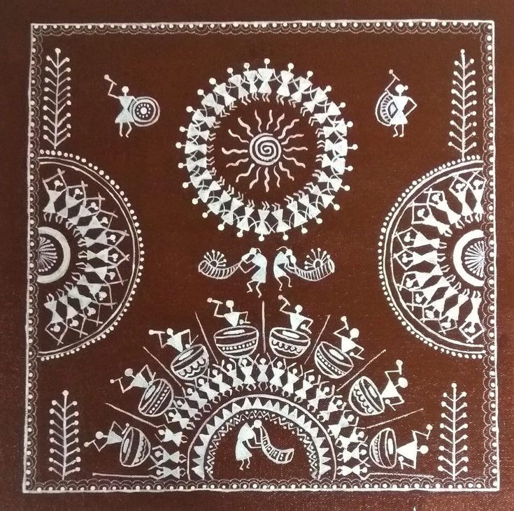 an intricately designed brown and white paper with animals, flowers, and people on it