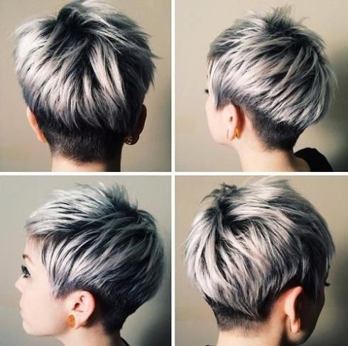 dimensional pixie hairstyle Lavender Pixie, Grey Pixie Hair, Silver Hair Short, Coloured Pixie Cut, Pixie Hair Color, Pixie Cut With Highlights, Granny Hair, Short Silver Hair, Edgy Haircuts