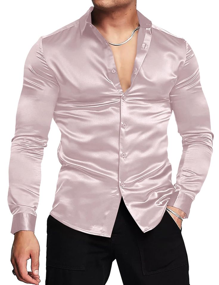 PRICES MAY VARY. PREMIUM FABRIC - 92% Polyester & 8% Spandex. This satin dress shirts for men is made of high-quality smooth silk-like satin fabric that is super soft, lightweight and breathable. The high quality smooth fabric gives you a soft and comfortable wearing experience. Stretchable fabric provides maximum comfort and flexibility when moving. WRINKLE-FREE SATIN DRESS SHIRT - This satin button up shirts for men features a smooth silk texture, slim fit cut, long sleeve, solid color and but Mens Grey Satin Shirt, Mens Evening Shirts, Mens Pink Satin Shirt, Blush Groomsmen Shirt, Silk Shirt For Men, Satin Shirt Men, Black Satin Shirt, Satin Colors, Silk Shirt Men