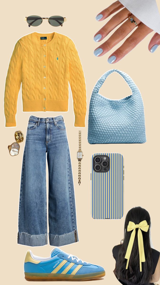 Yellow and blue outfit . Yellow bow . Adidas shoes . Polo cardigan . Outfit inspiration. Style . Style combo . Yellow Blue Outfit, Yellow Cardigan Outfit, Yellow Cardigan Outfits, Outfit Yellow, Polo Cardigan, Yellow Bow, Yellow Cardigan, Yellow Outfit, Cardigan Outfits