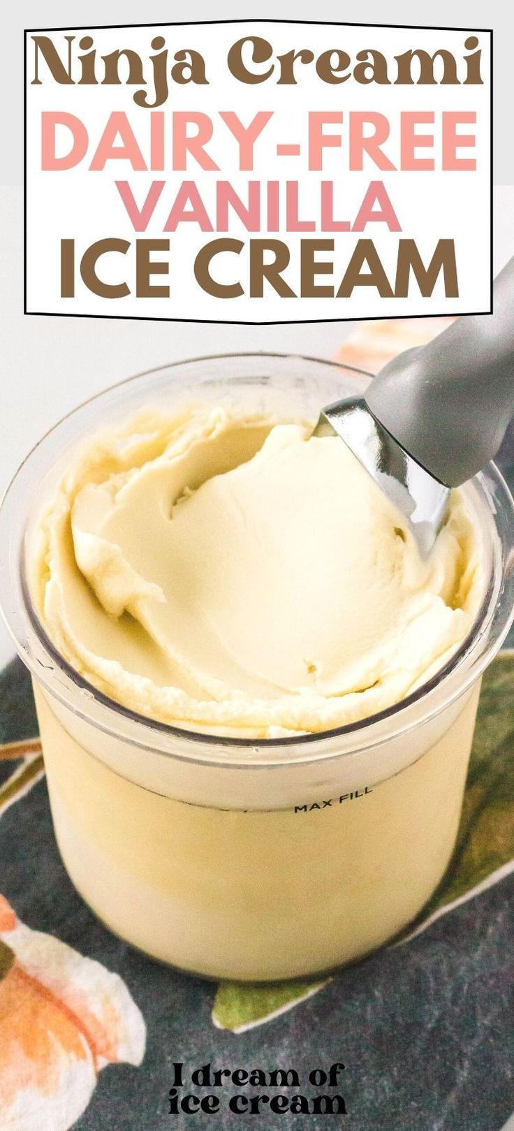 an ice cream in a glass bowl with a spoon inside and text overlay that reads, ninja cream dairy - free vanilla ice cream