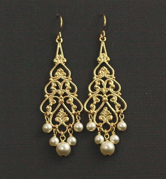 Gold Pearl Chandelier Earrings -- Pearl Bridal Earrings, Gold Filigree Wedding Earrings, Swarovski C Bridal Earrings Gold, Pearl Bridal Earrings, Pearl Chandelier Earrings, Feather Earrings Silver, Neck Pieces Jewelry, Bridal Earrings Chandelier, Pearl Chandelier, Romantic Earrings, Gold Chandelier Earrings