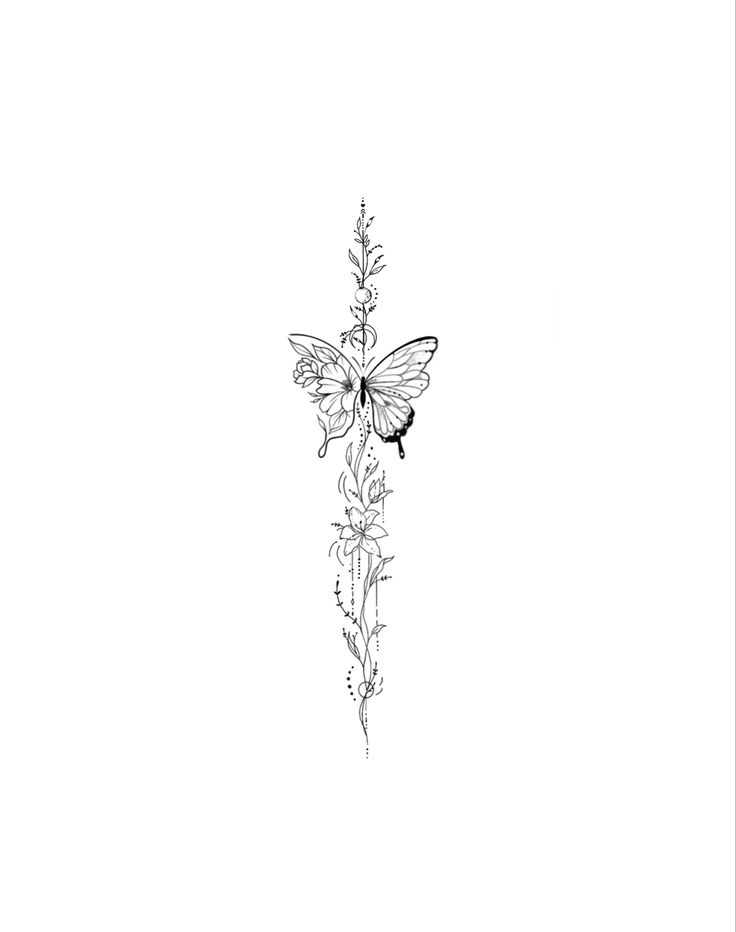 a black and white drawing of a flower with a butterfly on it's back