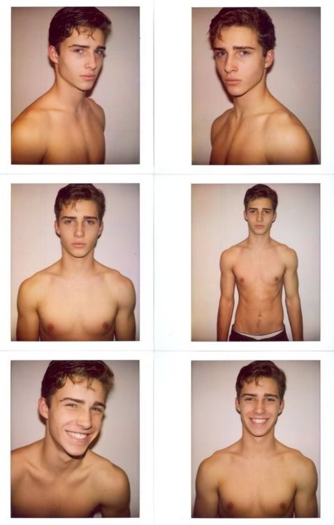 six different pictures of a young man with no shirt on, smiling and looking at the camera