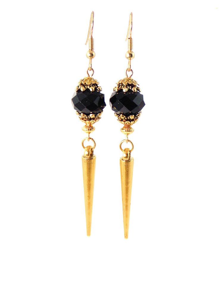 Black Glass Faceted Long Gold Spike Dangle Statement Earrings Clip On Optional Edgy Metal Evening Jewelry, Brass Dangle Crystal Earrings For Party, Dangle Crystal Earrings For Party, Party Brass Dangle Crystal Earrings, Edgy Single Earring For Parties, Gold Brass Crystal Earrings For Party, Edgy Gold Pierced Earrings, Edgy Gold Jewelry For Party, Edgy Gold Earrings For Party