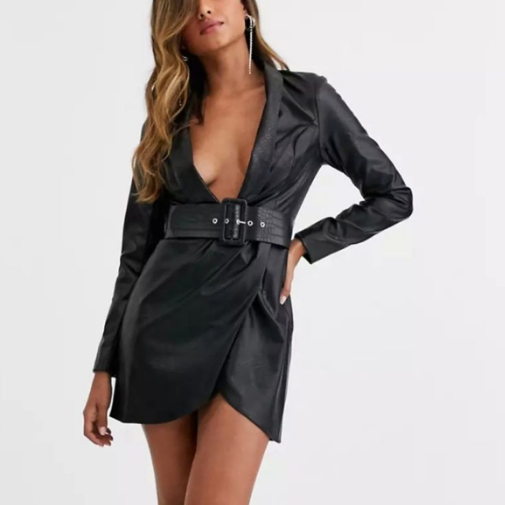 Black Leather Dress Black V-neck Blazer Dress For Fall, Black V-neck Blazer Dress For Evening, Chic Mini Blazer Dress For Night Out, Belted Mini Dress For Evening, Black V-neck Blazer Dress For Night Out, Black V-neck Blazer Dress For Date Night, Chic Evening Midi Blazer Dress, Knee-length Blazer Dress For Fall Night Out, Chic Belted Midi Dress For Party