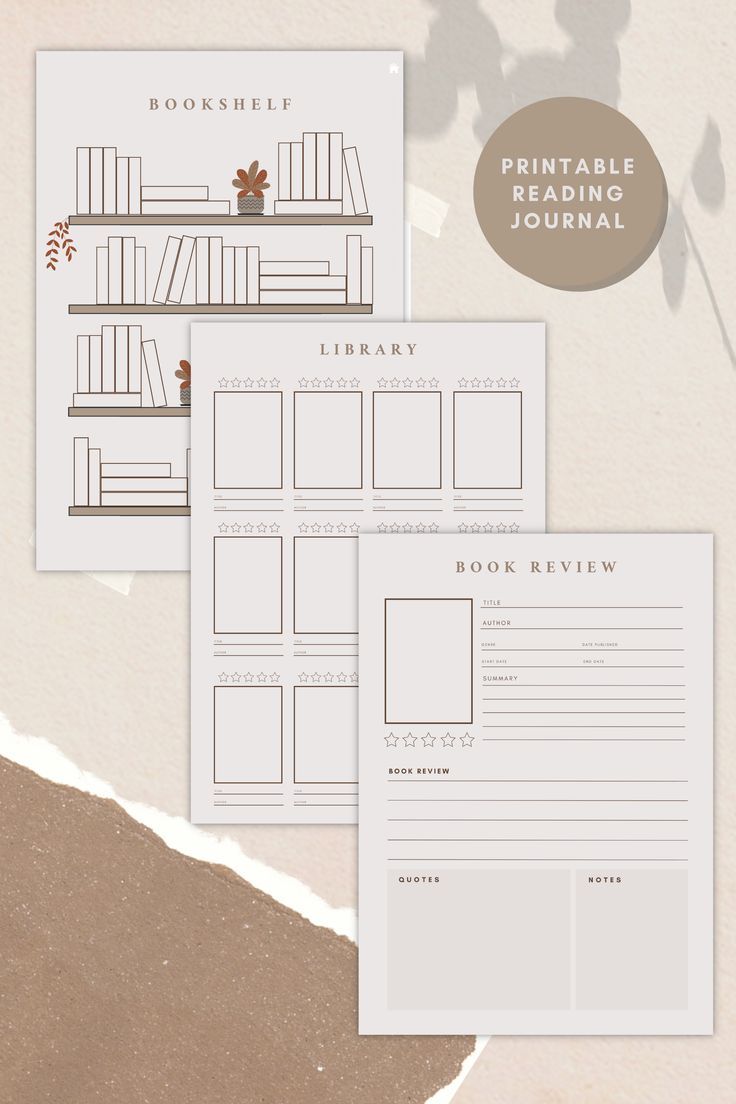 three bookshelf printable reading logbook templates on top of each other