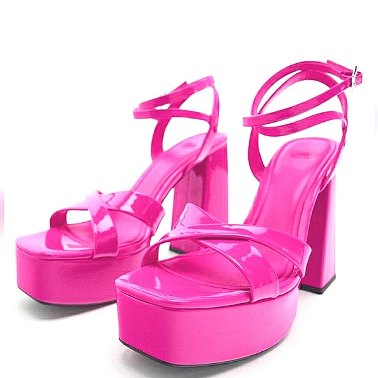 Strappy Chunky Platform Heeled Sandals Chunky High Heel Platform Patent Effect Sandals . Crossed Front Straps . Buckled Strap Closure At Ankle .Color: Fuchsia Heel Height: 4.7 Inches (12 Cm) Upper 100% Polyurethane Lining 100% Polyurethane Sole 100% Polyurethane Thermoplastic Insole 100% Polyurethane These Shoes Are Really More Beautiful In Person & They Are Super Comfortable. True To Size New With Pink Platform Block Heels For Party, Summer Chunky Platform Block Heels For Night Out, Summer Block Heels With Chunky Platform For Night Out, Summer Party Block Heels With Buckle Closure, Pink Chunky Platform Sandals For Party, Pink Block Heels For Summer Party, Chunky Platform Sandals For Spring Parties, Spring Party Sandals With Chunky Platform, Chunky Platform Sandals For Summer Parties