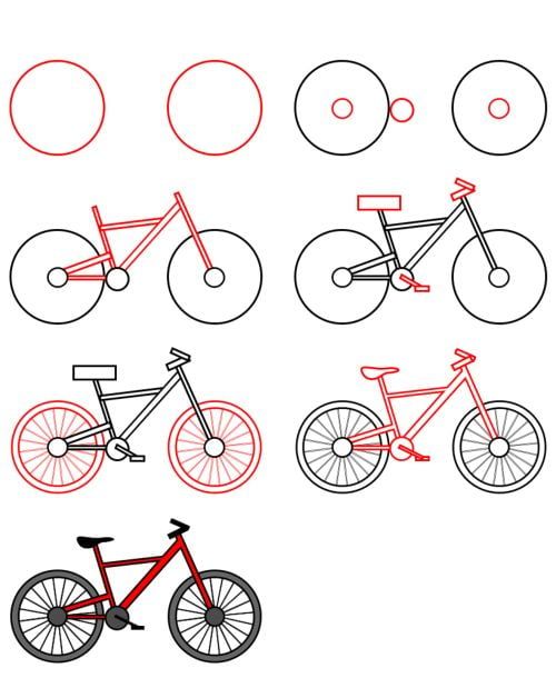 an image of different bikes drawn in red and black on a white background with circles