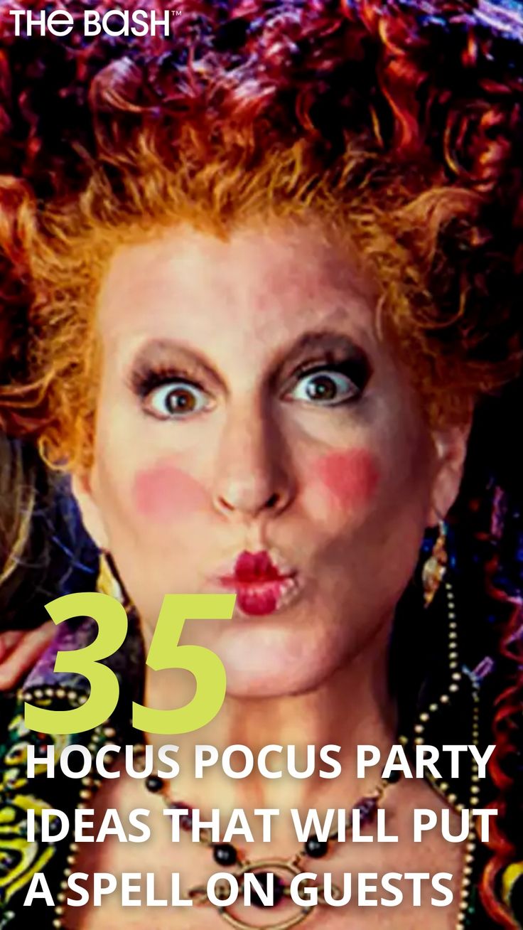 a woman with red hair and blue eyes has her face painted like a clown, the words 35 hoccus pocus party ideas that will put a spell on guests