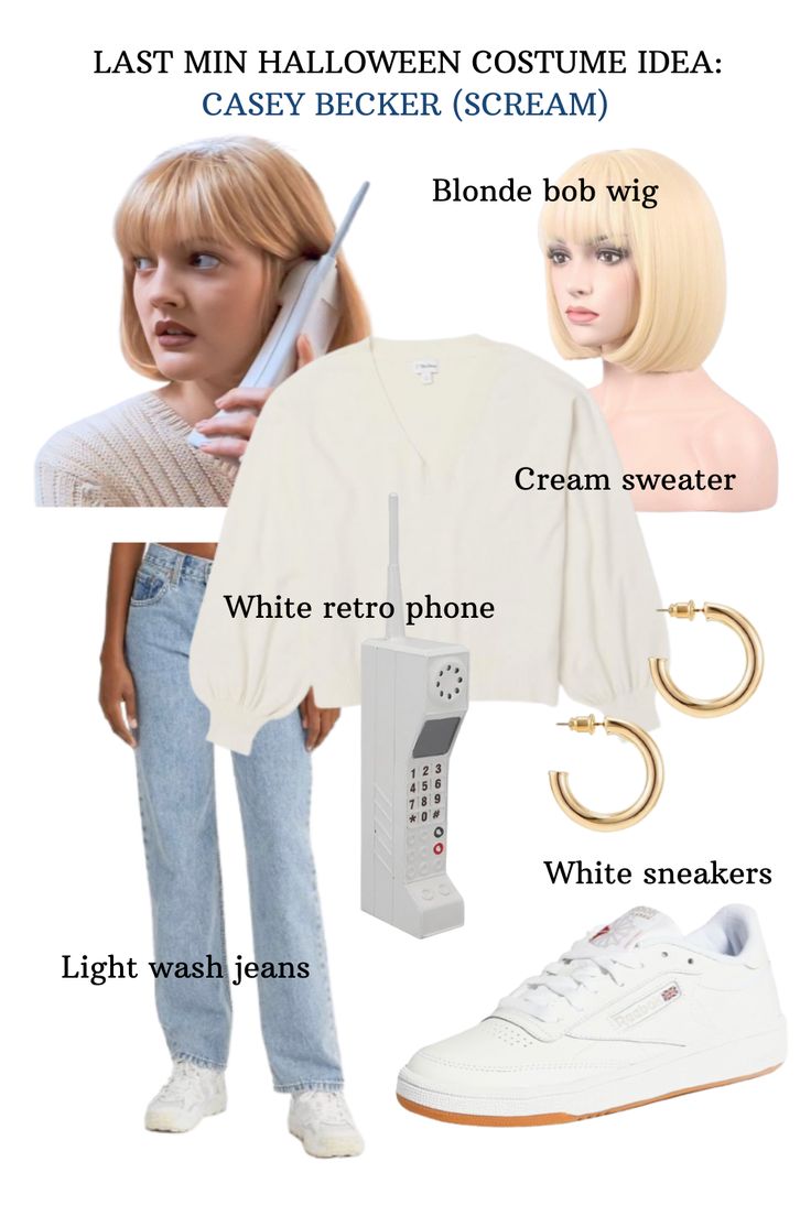 a woman in white shirt and jeans holding a cell phone with other items surrounding her