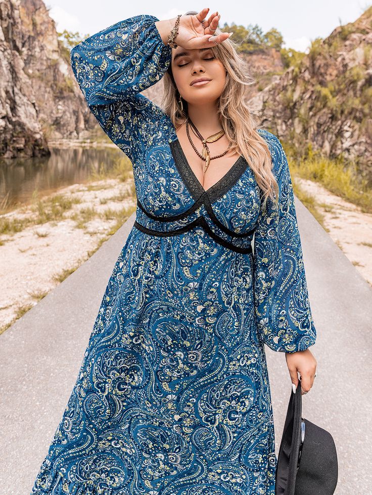 Cozy Plus Size Autumn/Winter Dress - Blue,3XL Blue Long Sleeve Midi Dress For Winter, Winter Floral Print Long Sleeve Dresses, Long Sleeve Floral Print Winter Dress, Casual Long Sleeve Floral Dress For Winter, Fall Floral Print Dress With Bishop Sleeves, Floral Print Dress With Bishop Sleeves For Fall, Bohemian Knee-length Winter Dress, Knee-length Bohemian Winter Dresses, Blue Lantern Sleeve Dress For Fall