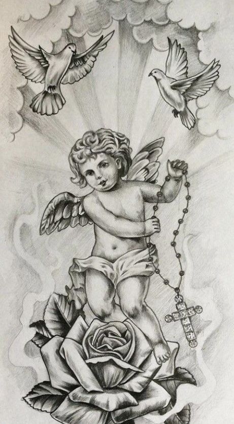 a pencil drawing of an angel holding a rosary and two doves flying above it