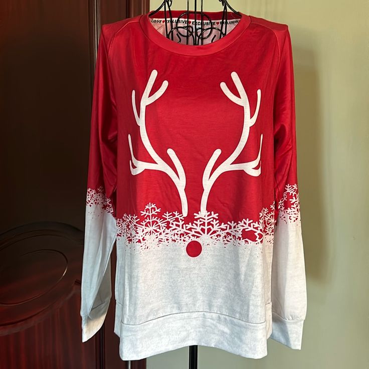 This Rudolph Red Nose Reindeer Colorful Light Top Is Perfect For The Upcoming Holiday. Never Worn Red Holiday Tops For Fall, Red Tops For Holiday And Fall Season, Red Tops For Holiday In Fall, Red Tops For Fall Holiday, Red Holiday Top For Winter, Red Tops For Winter Holiday, Red Long Sleeve Christmas Tops, Red Crew Neck Christmas Top, Red Crew Neck Top For Christmas