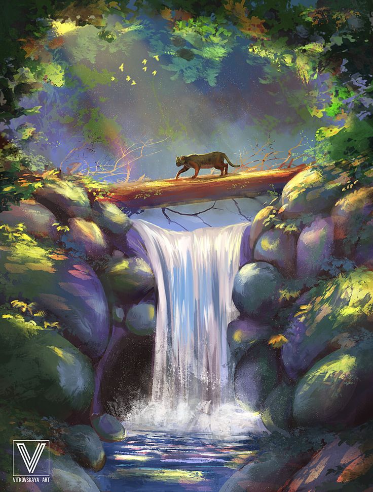 a painting of a bear walking over a waterfall