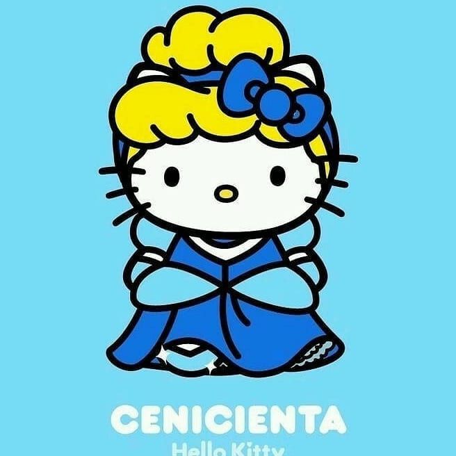 a hello kitty sitting on top of a blue background with the words genicina hello kitty