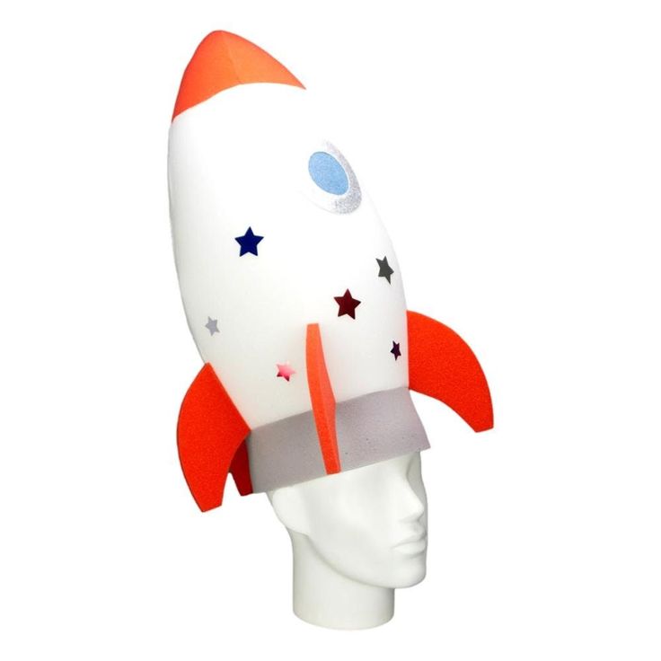 a white and orange rocket ship hat on a headdress with stars around it