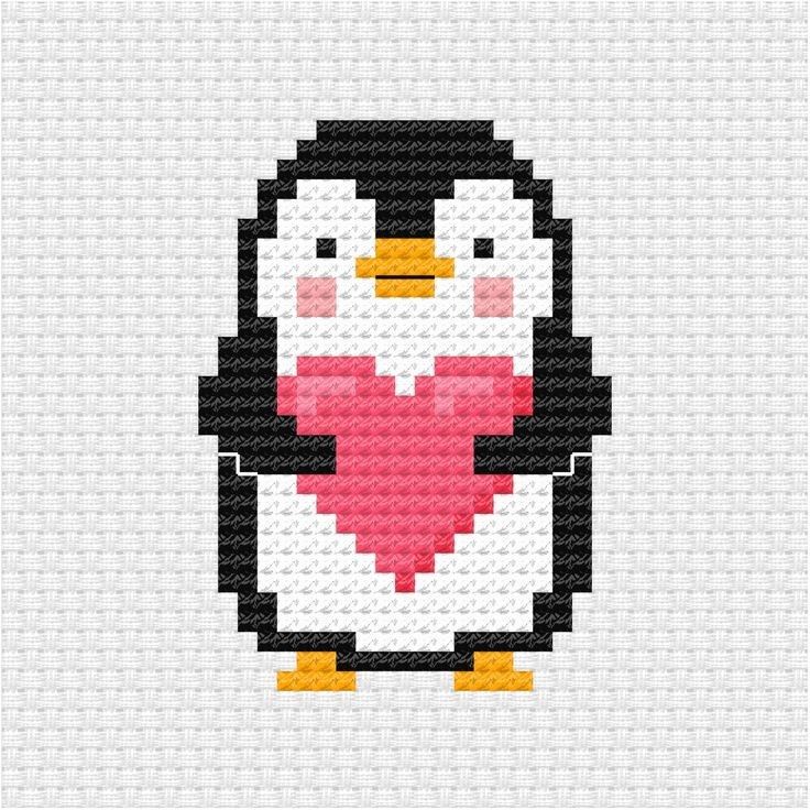 a cross stitch penguin with a heart in it's beak, on a white background