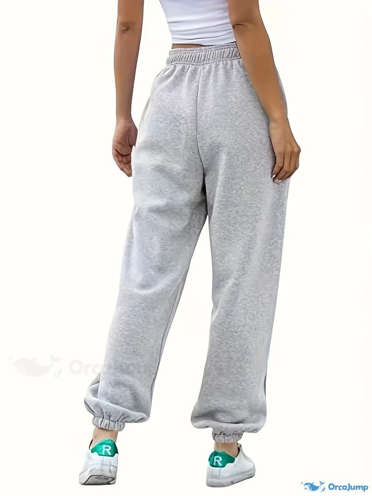 Orcajump - Solid Color Casual Sports Pants, Slight Stretch Elastic Waist Loose Fit Jogging Sweatpants, Women's Athleisure Casual Baggy Solid Yoga Pants, Baggy Solid Color Sports Pants, Casual Gray Yoga Pants For Sports, Casual Full-length Joggers For Leisure, Casual Long Yoga Pants For Sports, Baggy Sports Joggers With Elastic Waistband, Sportswear Joggers For Leisure, Full Length Sportswear Sweatpants For Leisure, Sportswear Sweatpants For Leisure