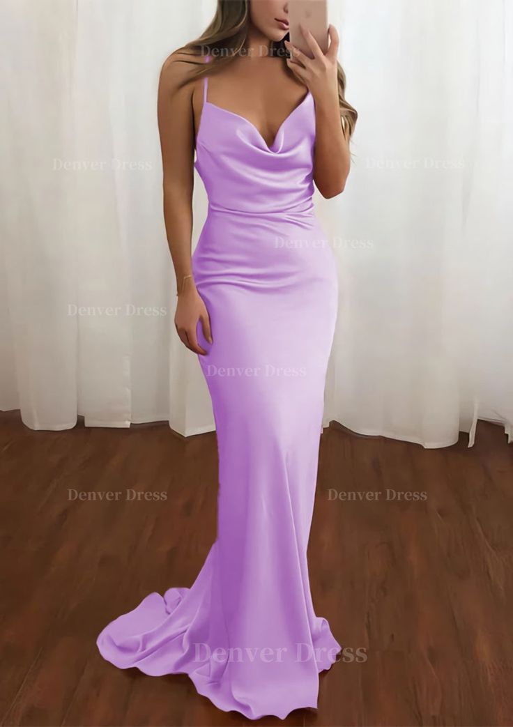 Sheath Column Cowl Neck Spaghetti Straps Sweep Train Satin Prom Dress Lilac Prom Dresses, Sweep Train Prom Dress, Navy Prom Dresses, Dark Red Dresses, Prom Dresses With Pockets, Red Dresses Classy, Corset Dress Prom, Mermaid Bridesmaid Dresses, Lace Prom Dress