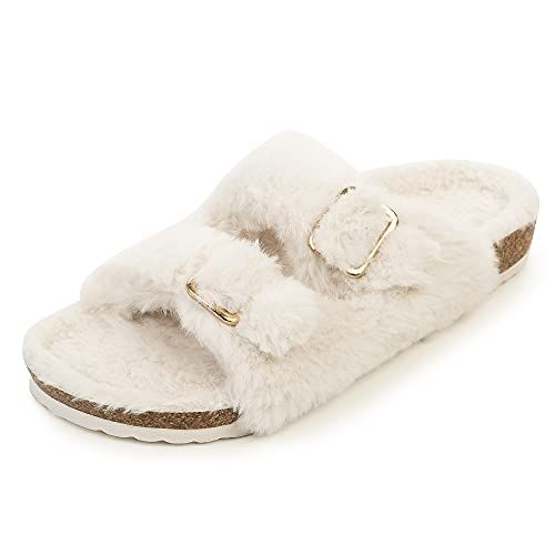 Slip into something cozy with these Fuzzy Slide Sandals! Double buckled straps keep 'em snug while the cork footbed with arch support ensures your treading is comfy. Plus their patterned sole means no-slippin, no-trippin. Enjoy major cuteness in multiple colors! [SPR-8780785058086]