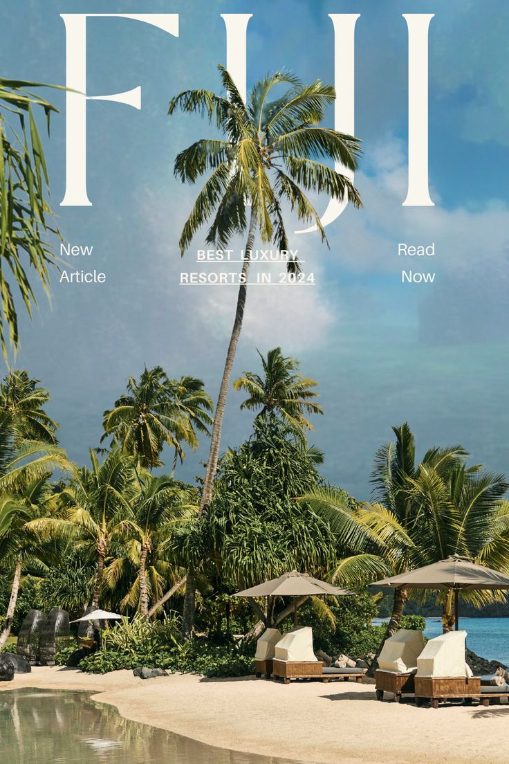 a magazine cover with palm trees and beach chairs on the sand by the water's edge