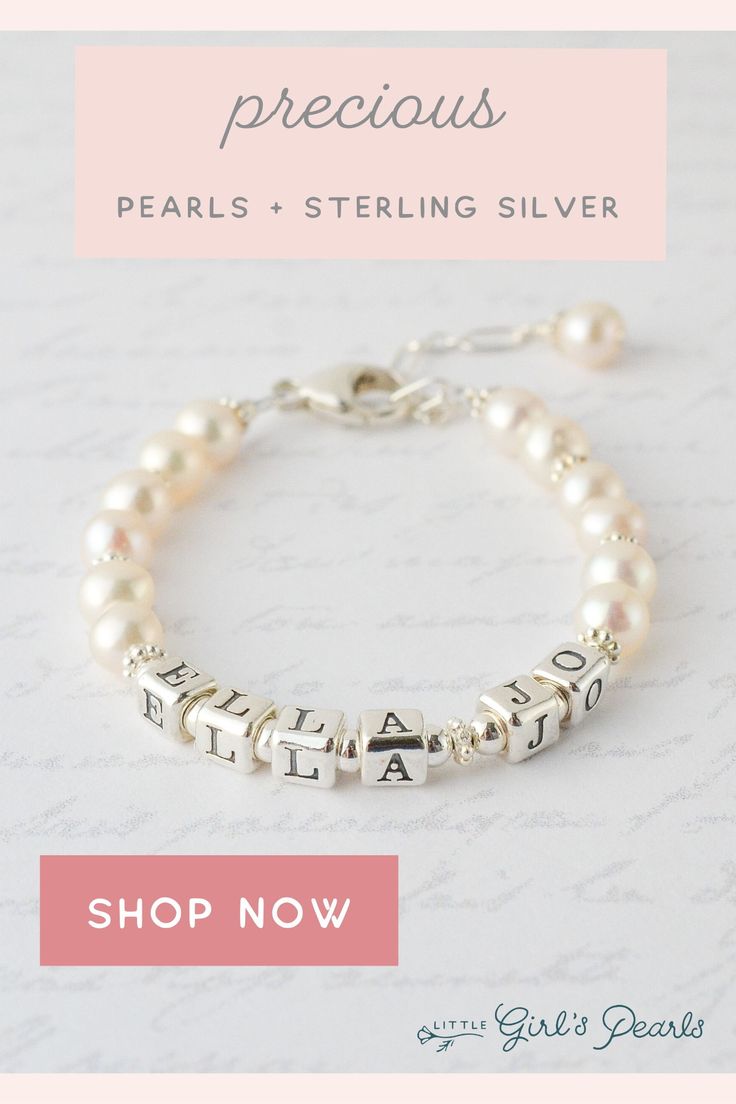 Personalized jewelry sized just for girls. Delicate and dainty, this bracelet will make her feel like a little princess. Beautiful cultured freshwater pearls mingle with shiny sterling silver daisies for a bit of sparkle. An heirloom she'll treasure forever.  https://littlegirlspearls.com/collections/pearl-bracelets/products/precious-pearls-name-bracelet Hypoallergenic Sterling Silver Pearl Bracelet, Dainty Customizable Silver Bracelet, Silver Sterling Beaded Bracelets For Birthday, Classic Personalized Beaded Bracelets As Gift, Classic Personalized Beaded Bracelets For Gifts, Adjustable Silver Pearl Bracelet For Birthday, Classic Sterling Silver Custom Name Bracelet, Elegant Silver Name Bracelet With Round Beads, Personalized Sterling Silver Bracelet For Mother's Day