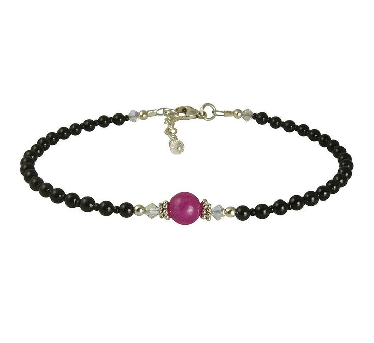 Enjoy this elegant, handmade pink jade gemstone and black pearl beaded anklet. This gorgeous pearl and gemstone anklet is created with Swarovski crystal-based pearls, Swarovski Austrian crystals, glistening black seed beads, bright Bali .925 silver, and sterling silver. Size: 10 3/4 - 11 1/4 inch adjustable Primary color: black Secondary color: pink Materials: Swarovski pearls, Swarovski Austrian crystals, seed beads Chain style: curb Clasp: lobster claw Metals: .925 sterling silver Handmade in Affordable Adjustable Pink Anklet, Elegant Handmade Anklets With Round Beads, Elegant Handmade Anklets With Beads, Elegant Adjustable Pink Anklets, Elegant Pink Adjustable Anklets, Pink Anklet, Black Anklet, Pearl Ankle Bracelet, Wedding Anklets