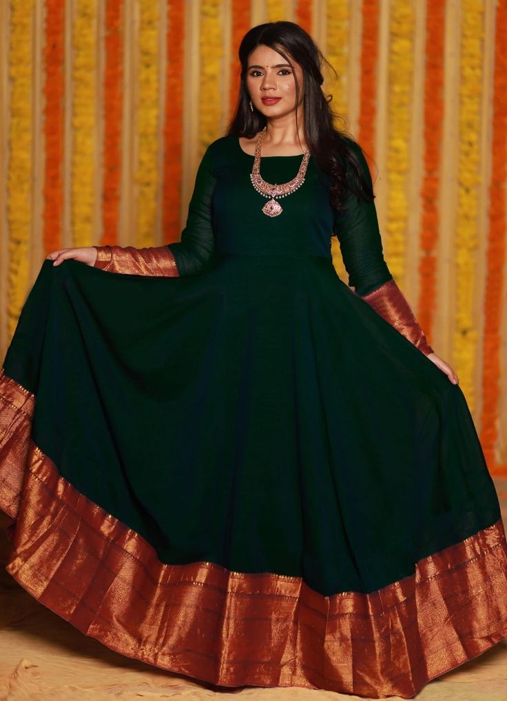 dark green gown , new green gown , green long sleeve gown , latest gown , new gown , green round neck gown , green woven georgatte gown , gown Georgette Gown, Designer Gown, Long Frocks, Party Wear, Dark Green, Saree, India, For Women, Green