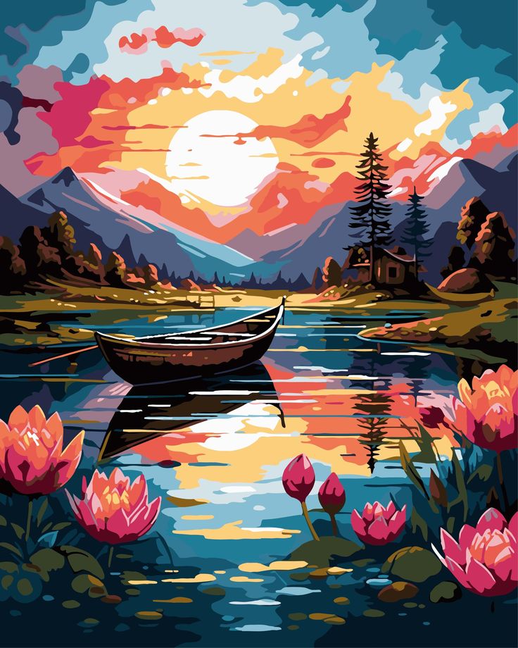 a boat floating on top of a lake under a colorful sky filled with clouds and flowers