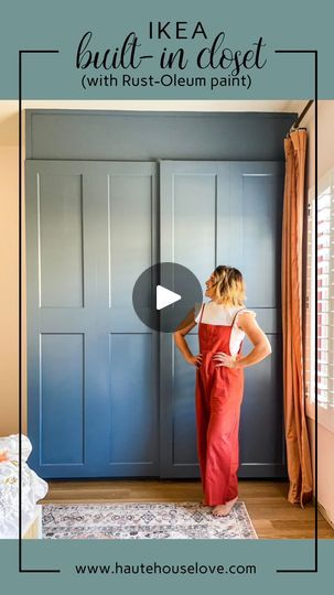 a woman standing in front of a blue door with the words how to paint doors