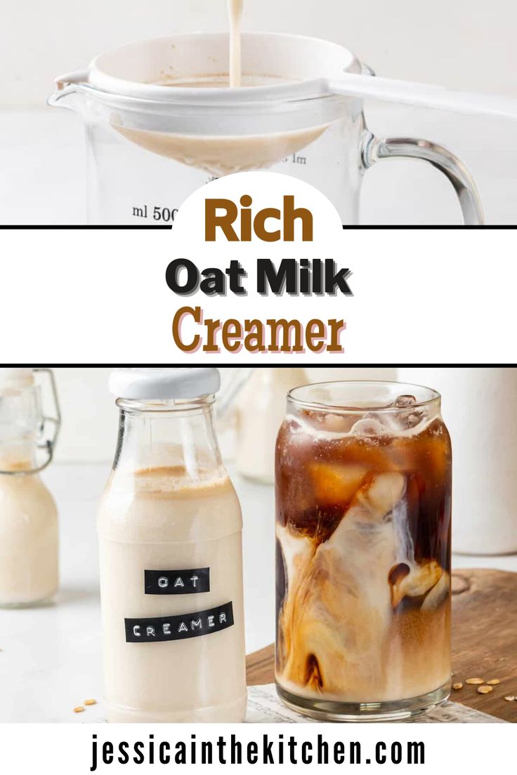 an ice creamer is being poured into a glass jar with the words rich oat milk