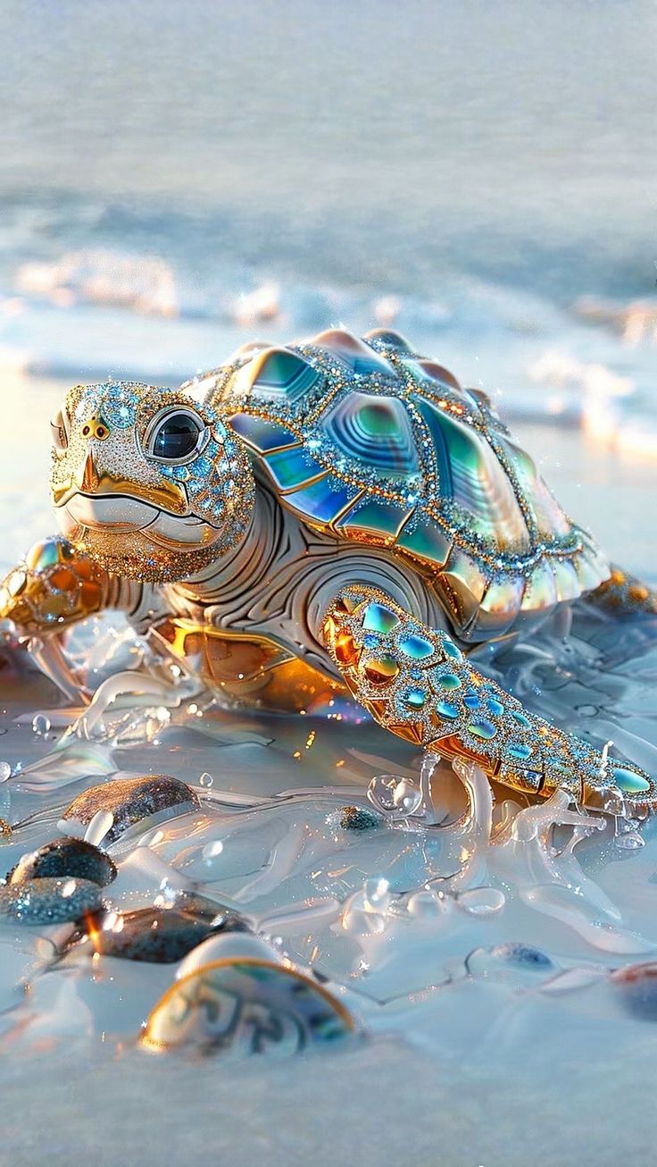 a sea turtle covered in jewels on the beach