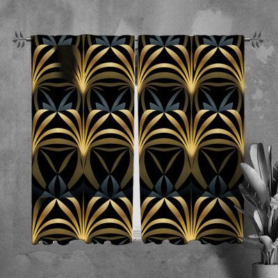 an art deco window curtain in gold and black