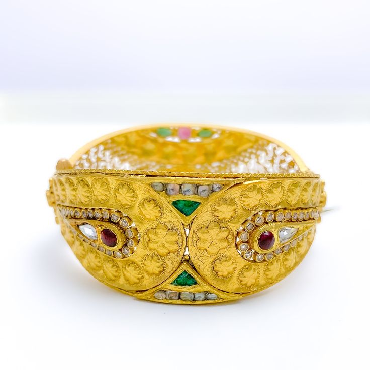 Ornate Regal 22k Gold Stone Cuff Gold Heavy Cuff Bracelet For Ceremonial Occasions, Heavy Gold Cuff Bracelet For Ceremonial Occasions, Formal Temple Jewelry Bangle Jeweled, Traditional Cuff Bracelet For Formal Festivals, Formal Temple Jewelry Bangle With Jewels, Formal Jeweled Temple Jewelry Bangle, Formal Temple Jewelry Style Jeweled Bangle, Ornate Hand Set Bangle For Formal Occasions, Gold Jeweled Fusion Bangle