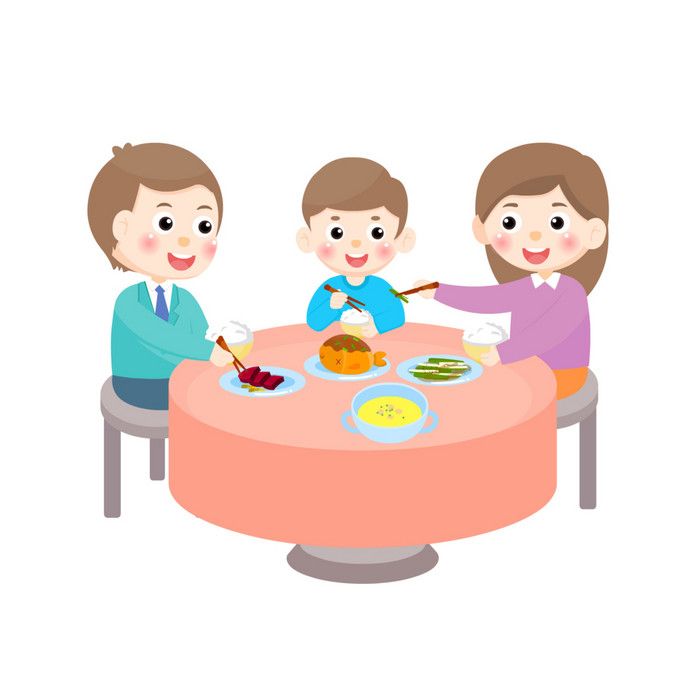 three people sitting at a table with food in front of them and one person holding a spoon