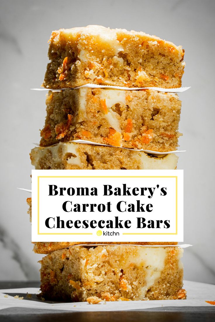 broccoli carrot cake bars stacked on top of each other with the title above it