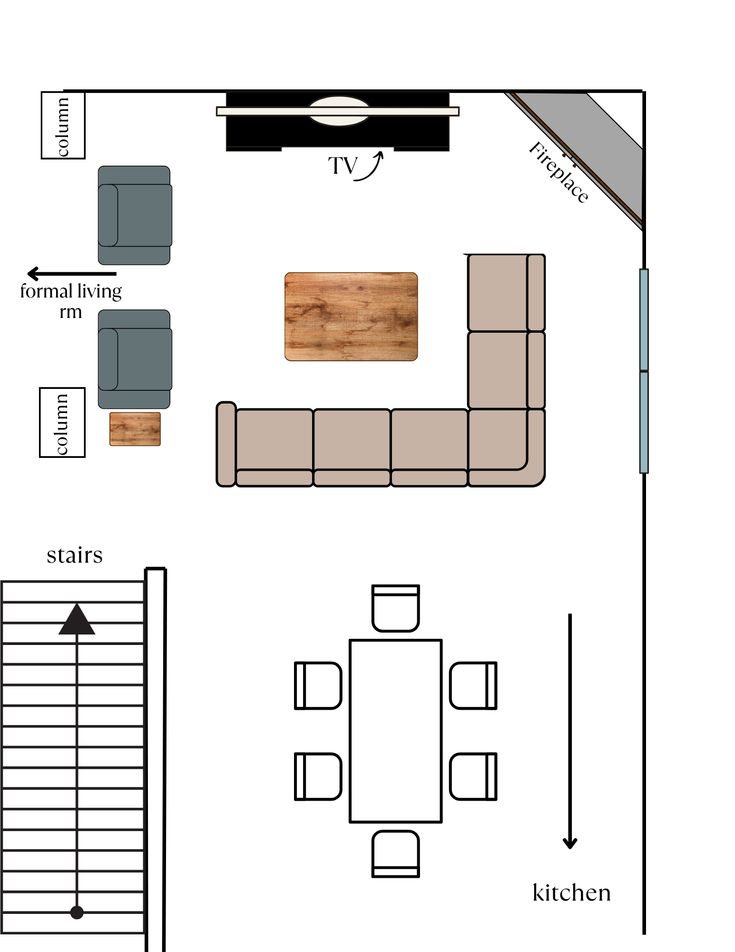 a drawing of a living room with couches, tables and ladders to the ceiling