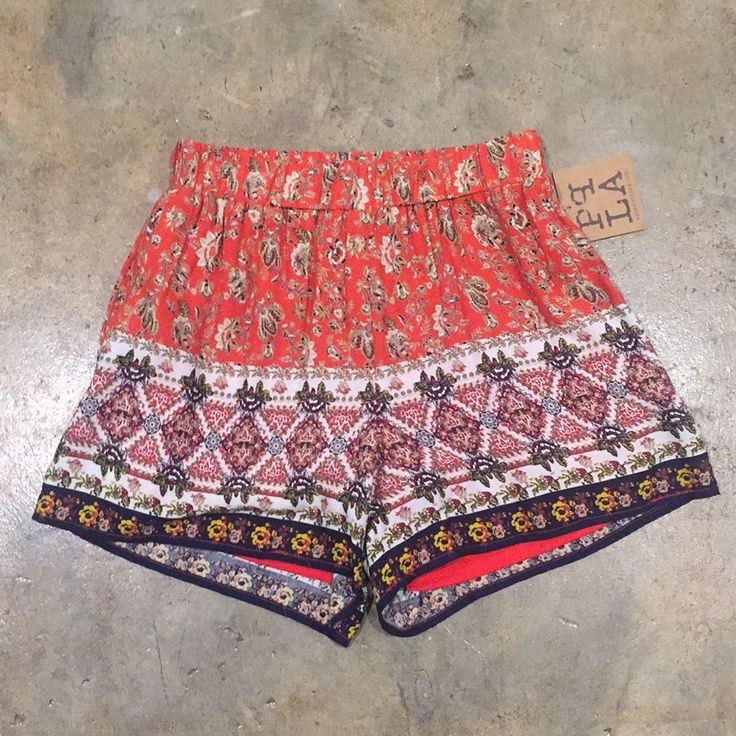 Red Bandanna Print Shorts; With Pockets; Elastic Waistband; Lined; New With Tags Red Bohemian Bottoms For Vacation, Bohemian Red Bottoms For Vacation, Red Bottoms With Elastic Waistband For Festivals, Red Bottoms With Built-in Shorts For Vacation, Red Elastic Waistband Bottoms For Festival, Red Bohemian Bottoms With Elastic Waistband, High Waist Red Bottoms For Festival, Red Bohemian Shorts For Spring, Red Short-length Bottoms For Festival