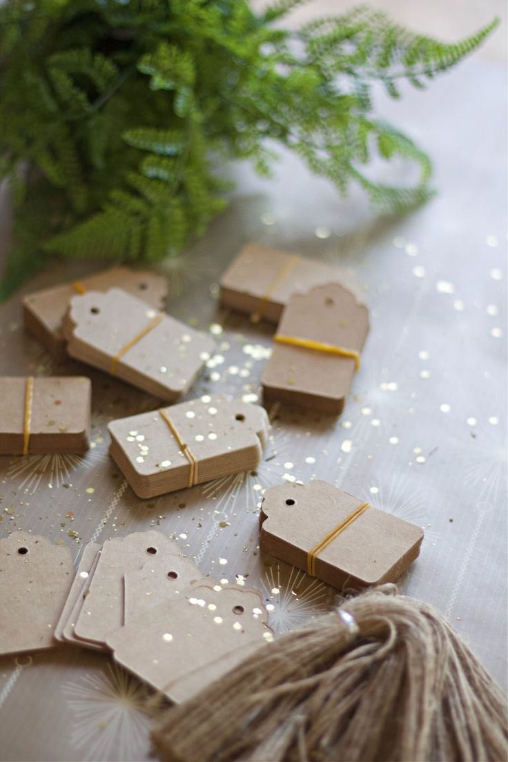 small wooden tags with string and tassels sitting on a table next to a potted plant