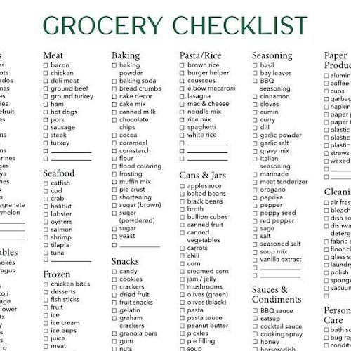 the grocery checklist is full of items to buy for your family's food